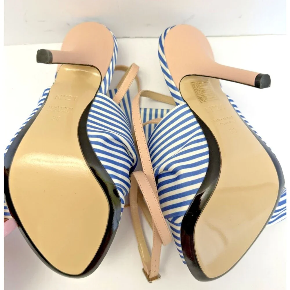 N°21 Tricolor Striped Silk & Leather Knotted Ankle Strap Heels Sandals Sz 38/7.5